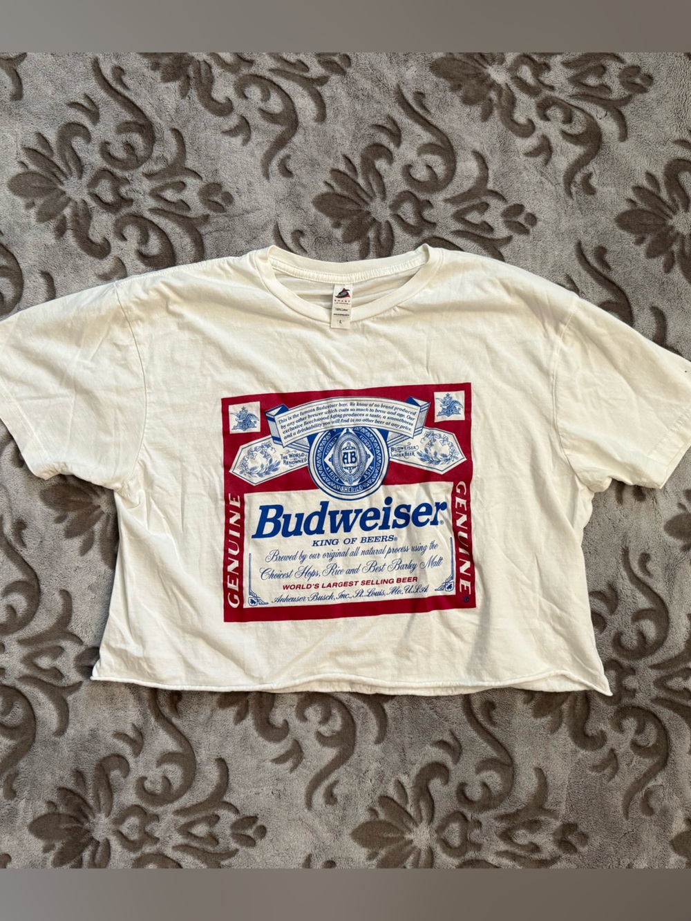 Budweiser White Crop Tee with Red and Blue Label Graphic